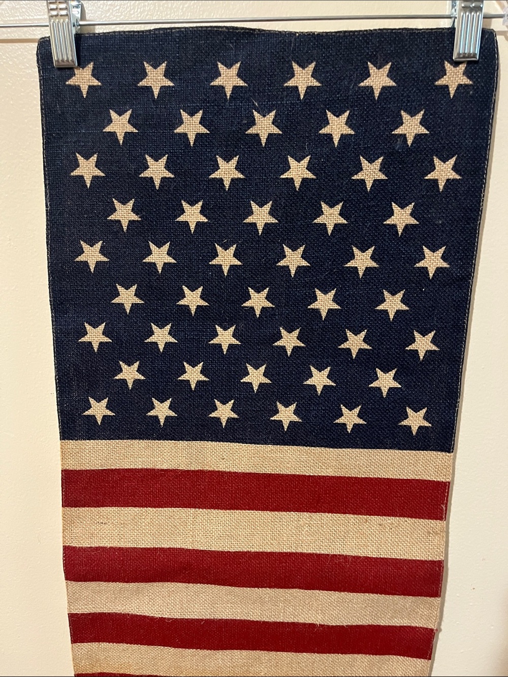 NEW TABLE RUNNER - USA FLAG Stars & Strips - Burlap Fabric White Cotton Back